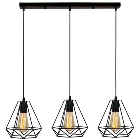 STOEX Suspension Industrielle Vintage Cage Dimant, Lampe de Plafond Barre 3 Luminaire Métal Lustre Abat-Jour E27 Noir
