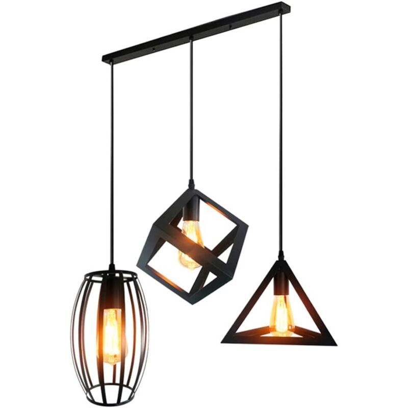 STOEX Suspension Luminaire industrielle 3 lumière Cage Métal, Lustre d'éclairage intérieur Lamps Corde Ajustable pour Cuisine Chambre Salon Bar