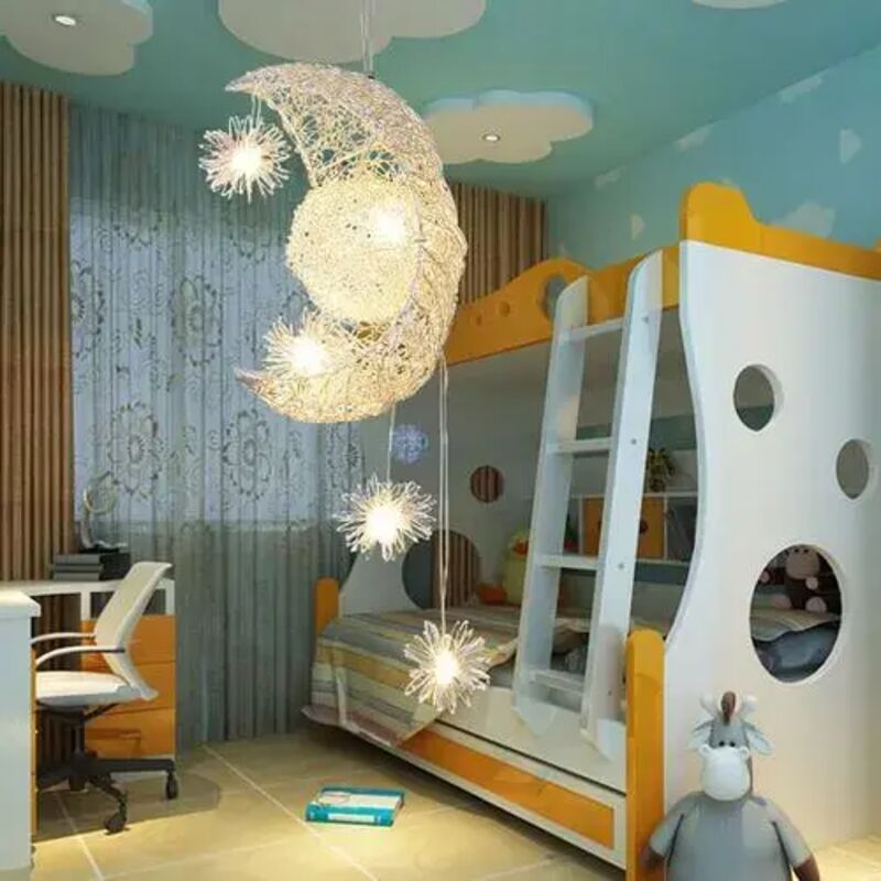 Stoex – Suspension luminaire moderne lune et étoiles 5 lampes LED – Mini 20cm – Aluminium et métal – Lumière blanche chaude pour chambre d'enfants