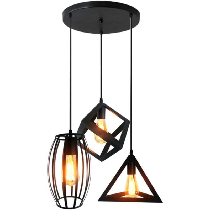 STOEX Suspension Luminaire Vintage Cage Métal Noir, Lustre Industriel 3 Lampes E27 Corde Ajustable pour Salon Cuisine Chambre (Suspension trio à