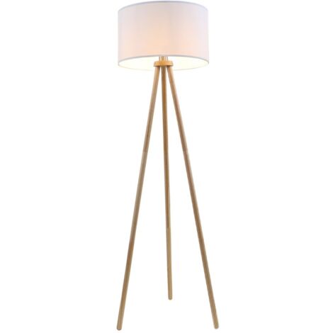 Briloner – Lampadaire scandinave en bois et tissu blanc Ø 45,5 cm – Douille E27 – Puissance 60W – Interrupteur à cordon pour salon ou chambre - CM 1 X