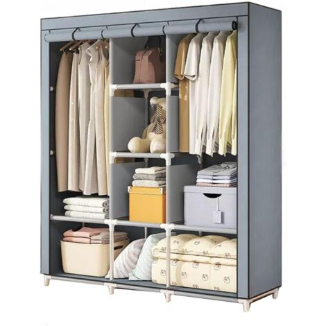 Stoffkleiderschrank fürs Schlafzimmer, faltbar mit 2 Kleiderstangen und 8 Fächern, geräumiger Kleiderschrank für Schlafzimmer und Ankleidezimmer, Grau