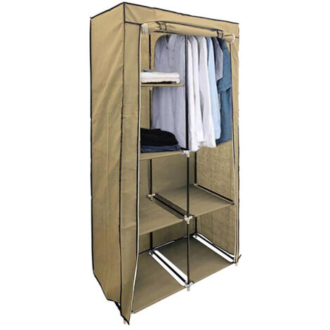 Stoffkleiderschrank mit 6 Ablagefächern und Kleiderstange, Braun Höhe 169cm