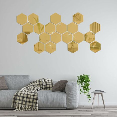 Set of 12 Acrylic Hexagonal Wall Stickers Plastic Mirrors for Home Decor,  Living Room, Bedroom, Above Sofa or Golden TV