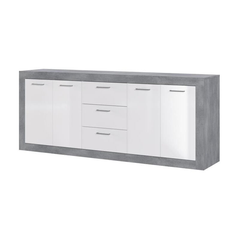 Les Tendances - stone Buffet 4 portes 3 tiroirs - Decor beton et blanc - l 206 x p 45 x h 83,4 cm