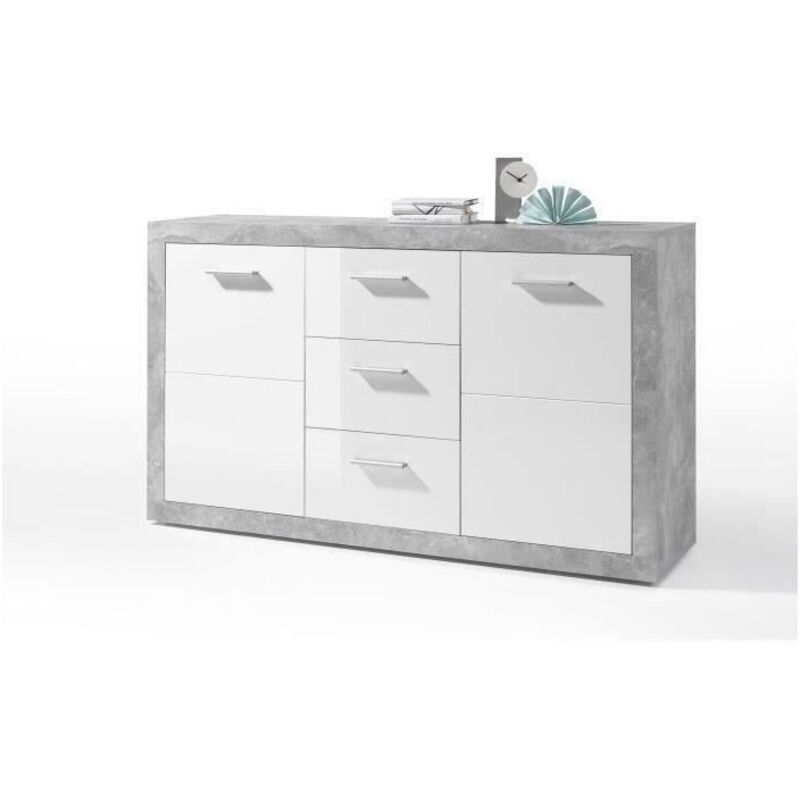 Bahut Inga 147cm avec 2 portes & 3 tiroirs - b&eacute;ton/blanc