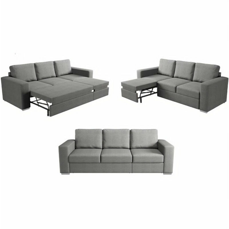 STONE Canapé convertible 3 places avec méridienne - Tissu gris - L 233 x P 83 x H 88 cm