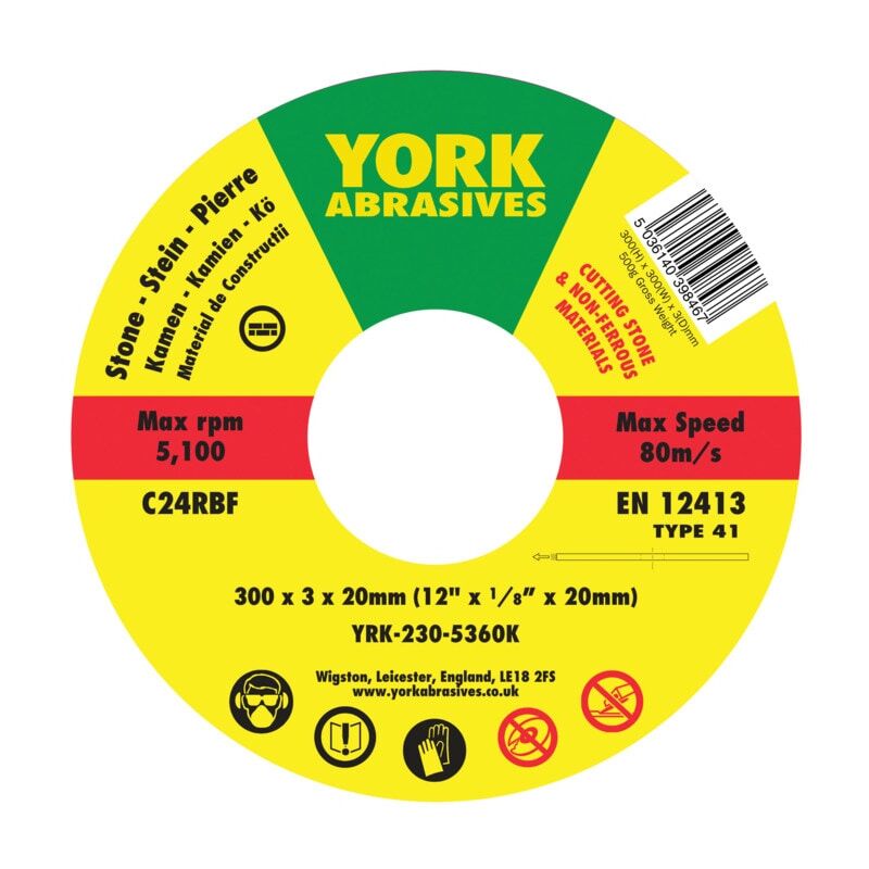 York - 300 x 3 x 20MM C24 r-bf Reinforced Silicon Carbide Stone Cutting Disc, Flat