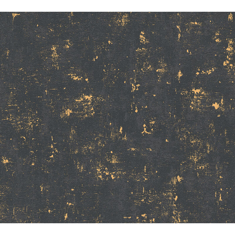 Profhome - Stone tile wallpaper wall 230782 non-woven wallpaper slightly textured with tangible texture matt black gold 5.33 m2 (57 ft2)