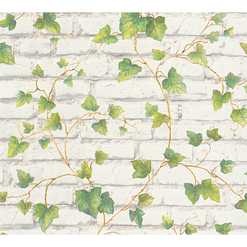 Stone tile wallpaper wall Profhome 319421 non-woven wallpaper smooth with floral ornaments matt green white 5.33 m2 (57 ft2) - green