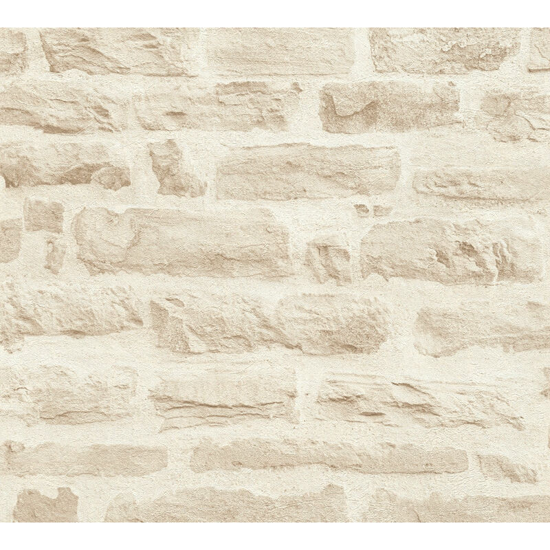 Stone tile wallpaper wall Profhome 355803 non-woven wallpaper smooth stone look matt beige cream 5.33 m2 (57 ft2) - beige