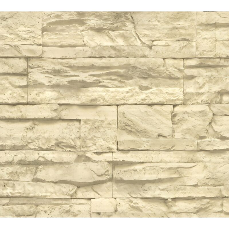 Profhome - Stone Tile Wallpaper Wall 707130 Non-woven Wallpaper Slightly Textured With Nature-inspired Pattern Matt Beige Cream 5.33 M2 (57 Ft2)