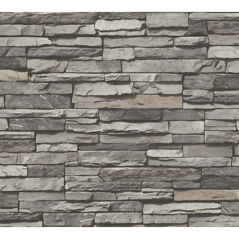 Profhome - Stone Tile Wallpaper Wall 958331 Non-woven Wallpaper Smooth With Nature-inspired Pattern Matt Grey Cream Black 5.33 M2 (57 Ft2)