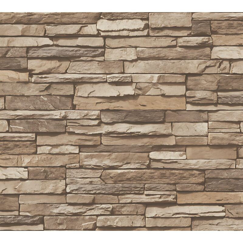 Profhome - Stone Tile Wallpaper Wall 958332 Non-woven Wallpaper Smooth With Nature-inspired Pattern Matt Brown Beige 5.33 M2 (57 Ft2)