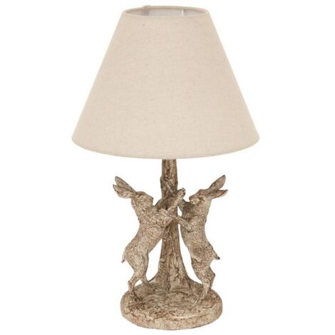 Stonewashed Marching Hares Lamp with Linen Shade - Resin - L20 x W20 x H48 cm - Brown