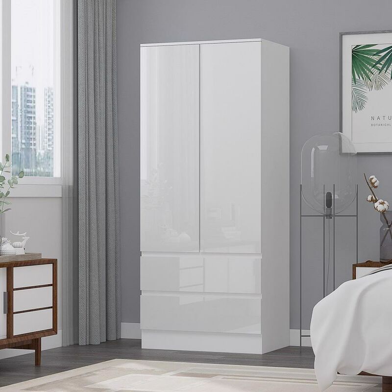 Stora Modern 2 Door 2 Drawer Combination Wardrobe - White Gloss Drawer & Do - White