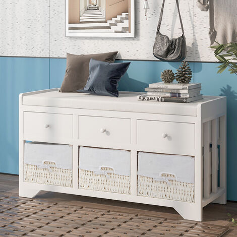Storage Bench Cabinet Entryway Bench Shoe Bench with 3 drawers, 3 storage baskets and cushion seat White