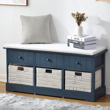 Storage Bench with Cushion, Shoe Cabinet with 3 drawers, 3 baskets and cushion seat, Hallway Bench Seat 6 Pull-Out Storage, Antique Navy