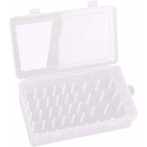 Storage box for sewing thread spools, embroidery thread spools and sewing thread, with 42 compartments for thread spools and needles.