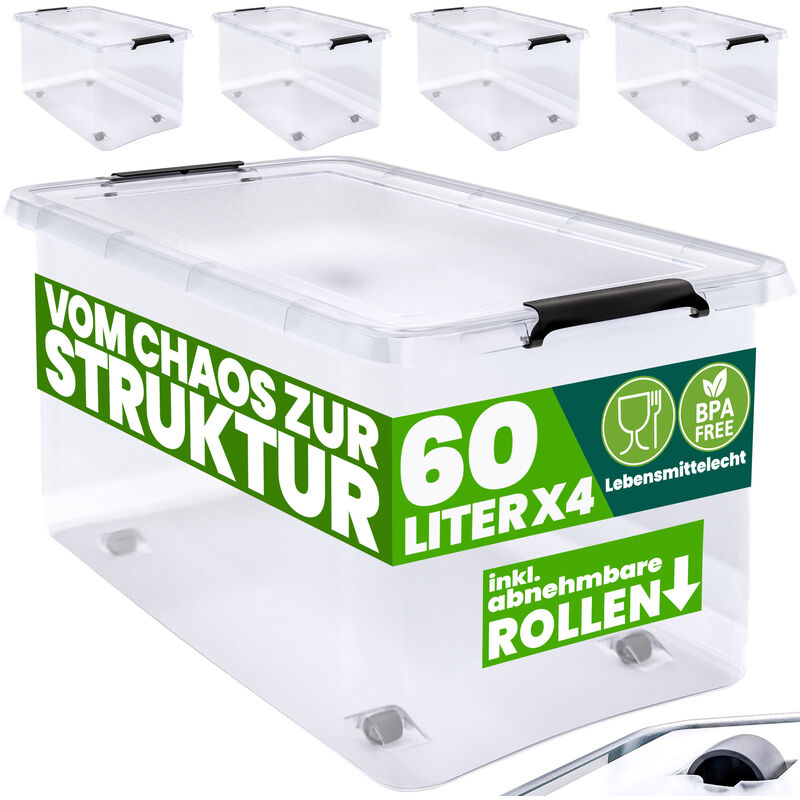 Deuba - 30/60 Litre Plastic Rolling Storage Boxes w/Lid Stackable Clear BPA-Free 4x 60L (de)
