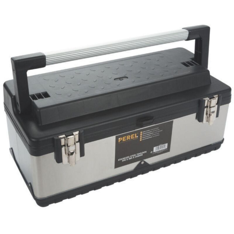 Perel Caja de herramientas, acero inoxidable, con manija de aluminio, portavasos extraíbles, cierres de metales, 590 x 280 x 255 mm