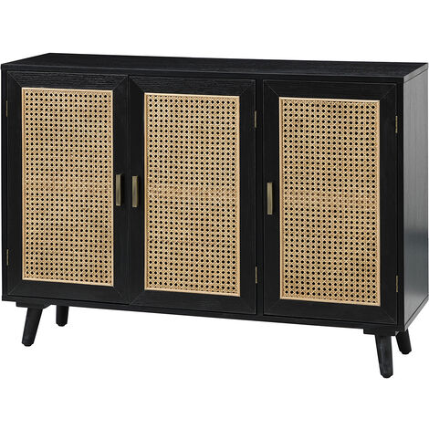 Storage Cabinet with 3 Natural Rattan Doors & Wood Legs 2-Tier Shelf Sideboard Buffet Cabinet Boho Cupboard Console Table for Living Room Entryway Dining Room Hallway, Black