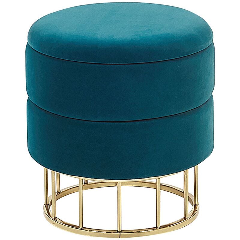 Glam Living Room Pouffe with Storage Round ø 37cm Velvet Teal Blue Gold Elgin