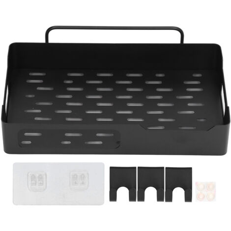 Storage Rack Wall Mounted Punch Free Stainless Steel Mesh Base with 3 Hooks for Kitchen BathroomBlack
