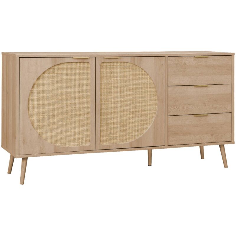 Sweeek - 150cm Wood And Rounded Cane Rattan Sideboard, Eva, Natural, 150x39x79 Cm