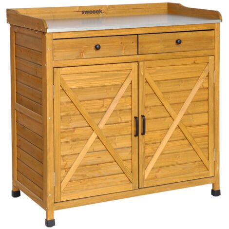 Storage unit, fir wood potting table with 2 doors and 2 drawers, W 102 x D 52.5 x H 103.5cm