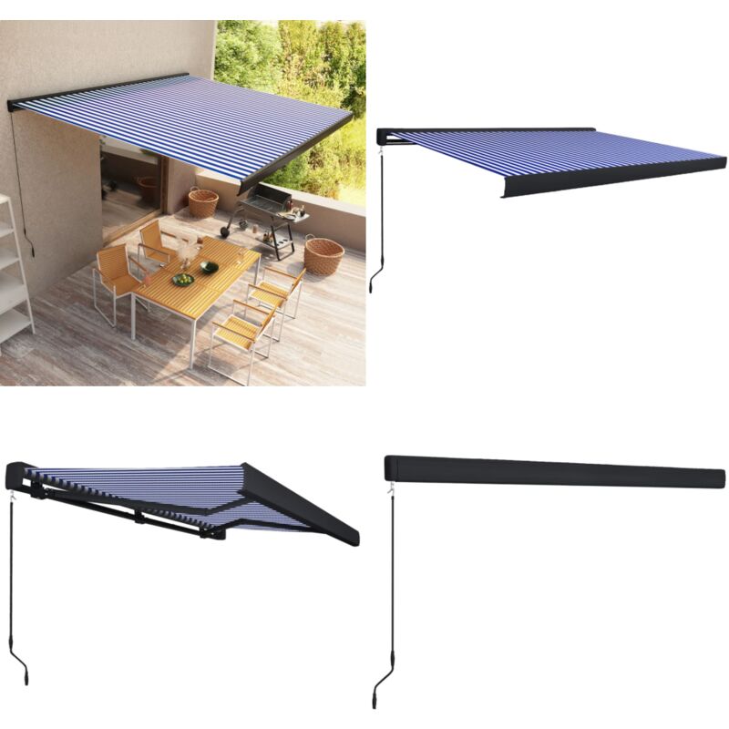 Store à cassette manuel 400x300 cm Bleu et blanc - Stores Exterieurs - Stores Bannes - Parasol - Abri Solaire - Protection Solaire - Home & Living