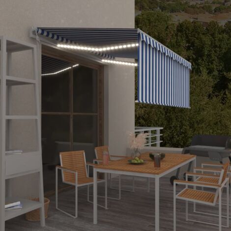 Store banne-Auvent automatique store LED capteur de vent 3x2,5 m Bleu blanc