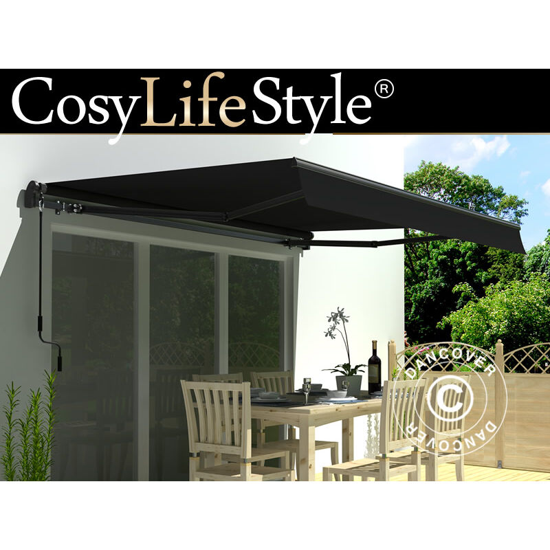 Store banne avec manivelle, 3,95x2,5m, Noir/Cadre Noir