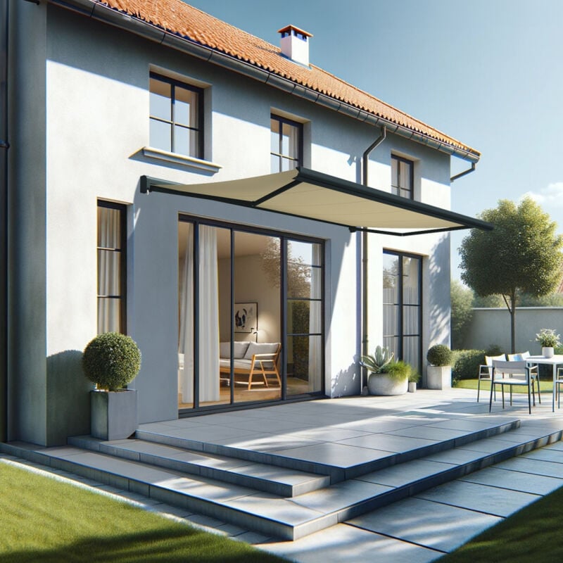 Store banne coffre intégral celeste 5,00x3,00 m (Motorisé Secours à Télécommande - Gris anthracite structuré RAL7016ST - Écru)