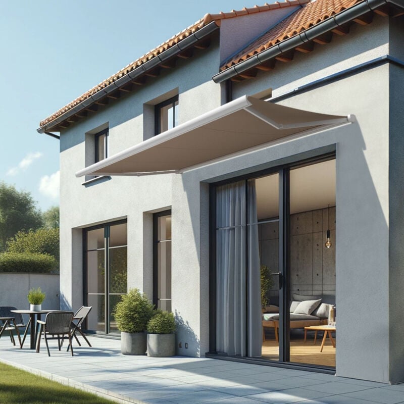 Store banne coffre intégral cinabre 3,00x2,00 m (Motorisé à Interrupteur - Blanc satiné RAL9010 - Taupe)