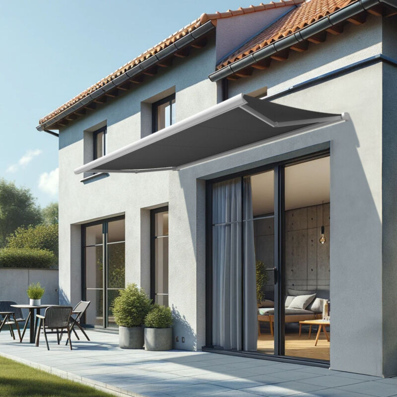 Store banne coffre intégral cinabre 3,00x2,00 m (Motorisé à Télécommande - Blanc satiné RAL9010 - Gris graphite)