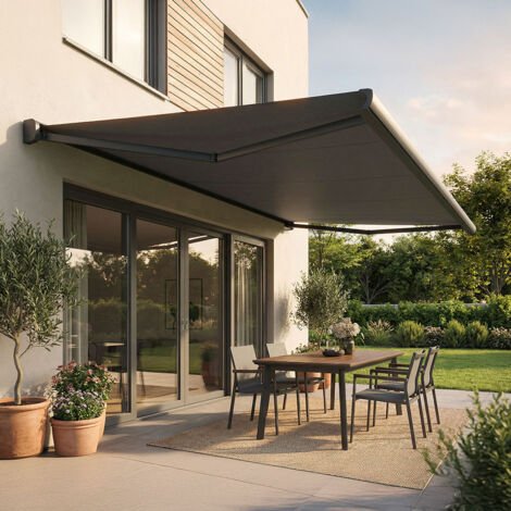 Store banne coffre intégral CELESTE (Motorisation à télécommande + Manœuvre de secours - Gris anthracite RAL 7016 - Gris foncé 250g/m²)