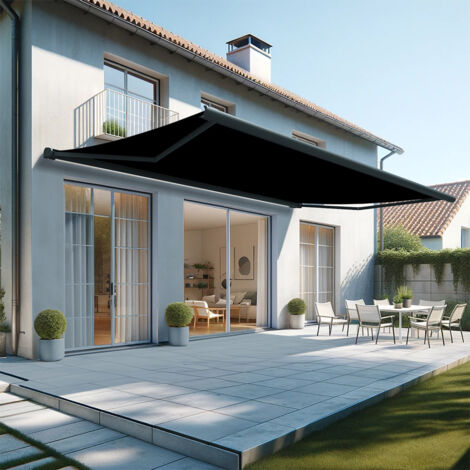 Store banne coffre intégral HEVOA 4,00x3,50 M (Motorisé Secours Télécommande, RAL7016ST, Noir F079)