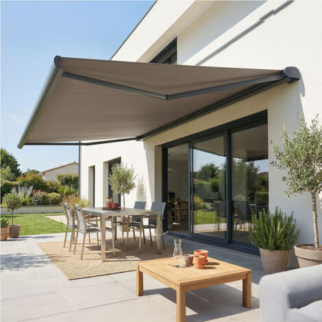 Store banne coffre intégral HEVOA 4,05x3,50 M (Motorisé Secours à Télécommande - Gris anthracite structuré RAL7016ST - Taupe)