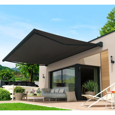 Store banne coffre intégral LEBRON 4,00x3,50 M (Motorisé Secours à Télécommande + LED - Gris anthracite structuré RAL7016ST - Micro perforée Gris P128)