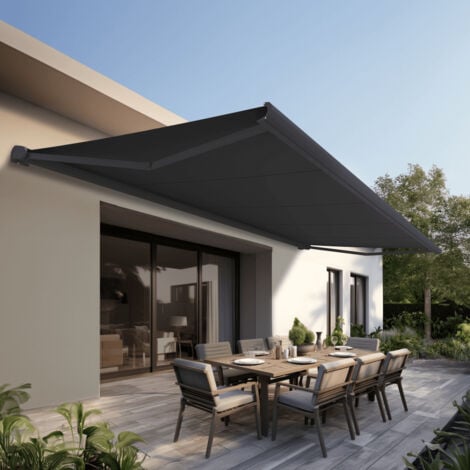 Store banne Coffre intégral PROTECT 2 LED Gris Anthracite 4,05x3,50m Motorisé à télécommande + Eclairage LED - Toile Grise Anthracite