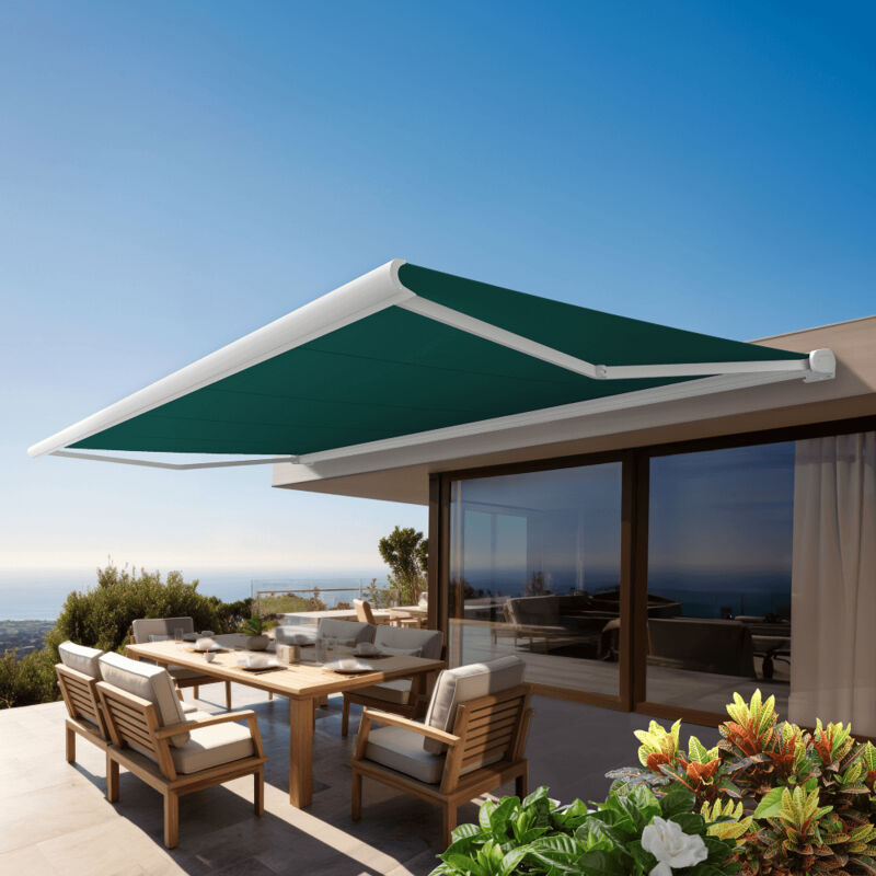 Store banne Coffre intégral protect 2 Blanc 5x3,5m Motorisé à télécommande - Toile Verte