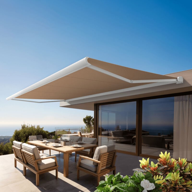 Store banne Coffre intégral protect 2 Blanc 6x3,5m Motorisé à télécommande - Toile Taupe