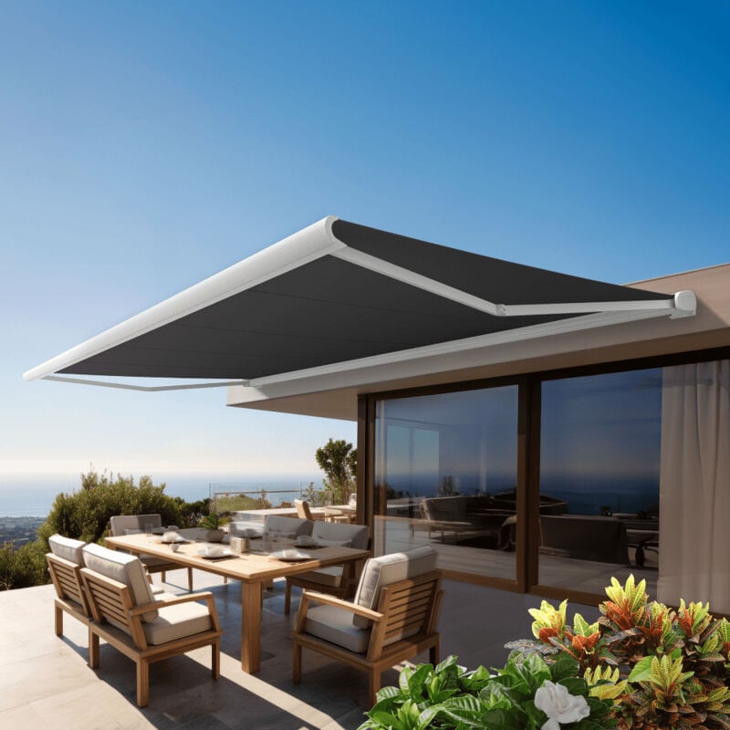 Store banne Coffre intégral PROTECT 2 LED Blanc 4,05x3,50m Motorisé à télécommande + Eclairage LED - Toile Grise Anthracite