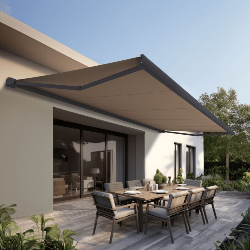 Store banne Coffre intégral protect 2 led Gris Anthracite 5x3,5m Motorisé à télécommande + Eclairage led - Toile Taupe