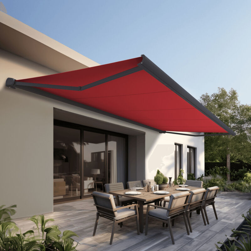 Store banne Coffre intégral protect 2 led Gris Anthracite 6x3,5m Motorisé à télécommande + Eclairage led - Toile Rouge