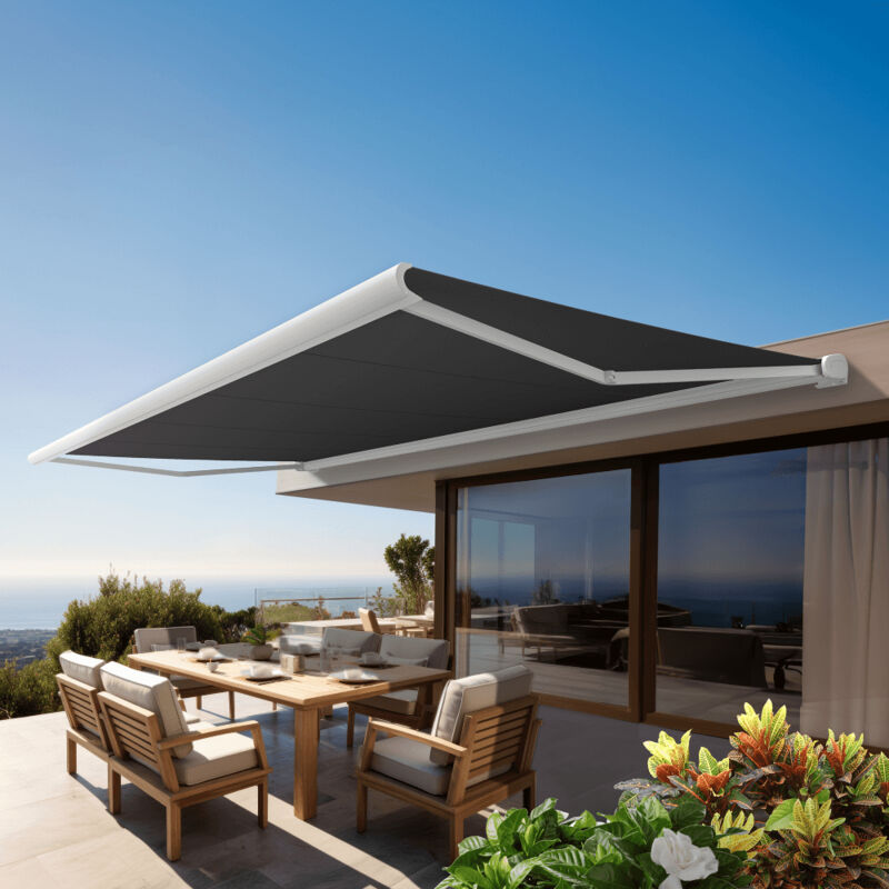 Store banne Coffre intégral protect 2 led smart Blanc 5x3,5m Motorisé à télécommande + Capteur Vent + Eclairage led - Toile Grise Anthracite