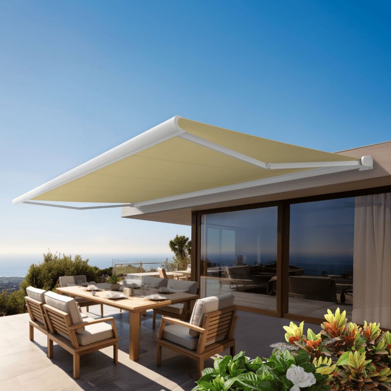 Store banne Coffre intégral protect 2 led smart Blanc 6x3,5m Motorisé à télécommande + Capteur Vent + Eclairage led - Toile Ecrue