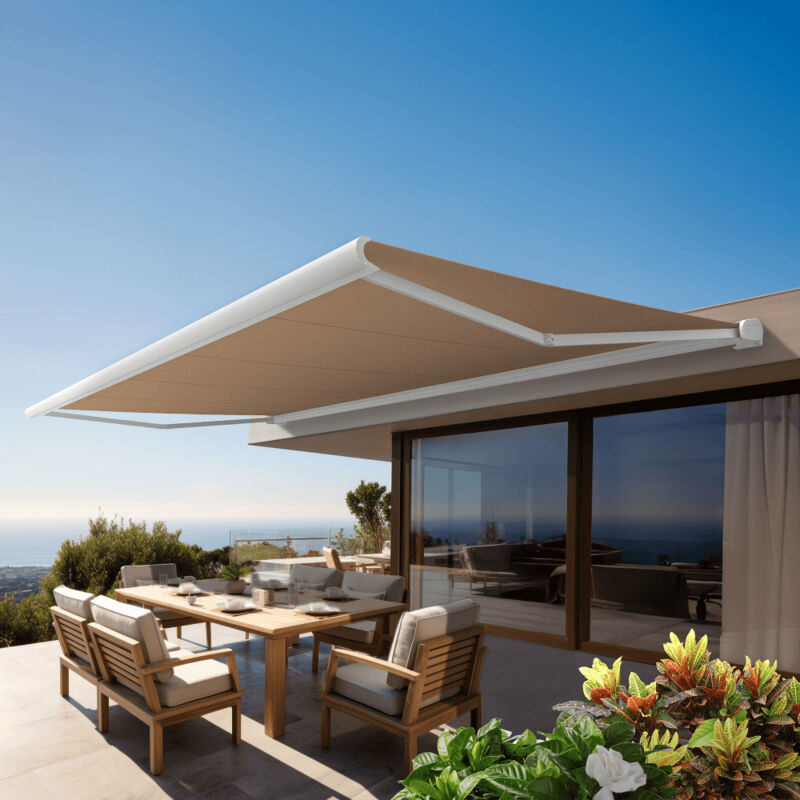 Store banne Coffre intégral protect 2 led smart Blanc 6x3,5m Motorisé à télécommande + Capteur Vent + Eclairage led - Toile Taupe