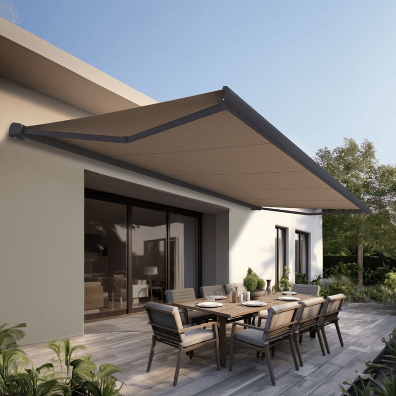 Store banne Coffre intégral protect 2 led smart Gris Anthracite 6x3,5m Motorisé à télécommande + Capteur Vent + Eclairage led - Toile Taupe